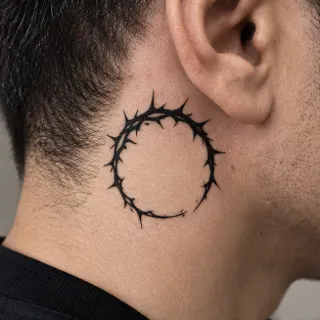 Minimalist blackwork crown of thorns neck tattoo