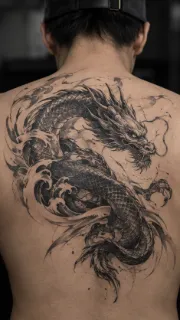 Detailed black and grey dragon with water waves back tattoo