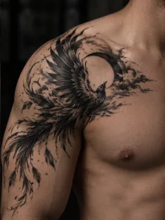 Blackwork phoenix and crescent moon shoulder and chest tattoo