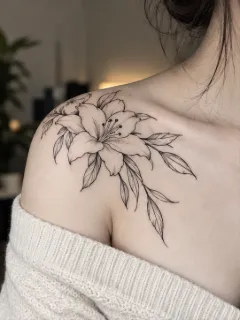 Fine line lily flower and leaves shoulder tattoo