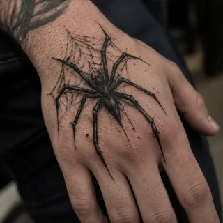 Blackwork spider and web hand tattoo
