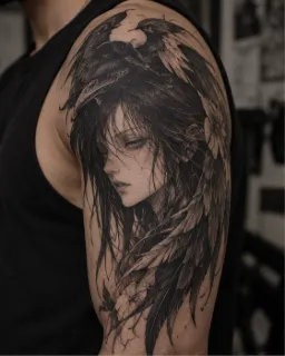 Realism portrait of a person with feathers upper arm tattoo