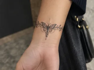 Fine line butterfly and floral bracelet wrist tattoo