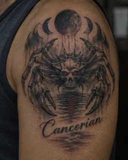 Dark surreal skull crab and moon phases upper arm tattoo