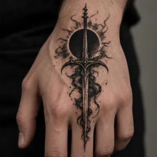 Blackwork sword and eclipse hand tattoo