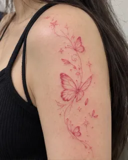 Red fine line butterfly and stars upper arm tattoo