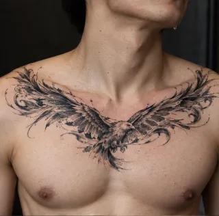 Blackwork eagle with flowing wings chest tattoo