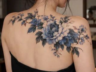 Blue floral peony and vine upper back tattoo