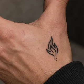 Minimalist fine line flame hand tattoo