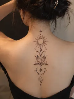 Fine line sun and lotus spine tattoo