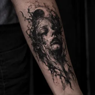 Surreal portrait with moon and ink splatter forearm tattoo