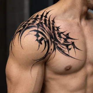 Blackwork abstract tribal shoulder and chest tattoo