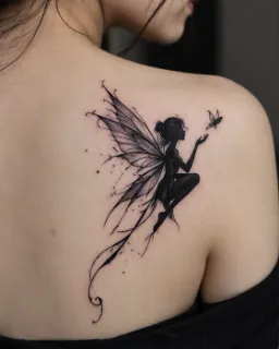 Fine line fairy and butterfly shoulder blade tattoo