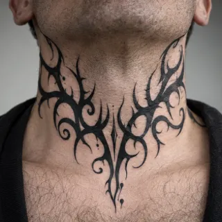Blackwork tribal style thorn and vine neck tattoo