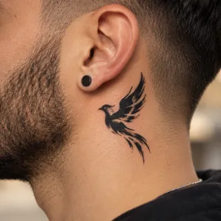 Blackwork phoenix bird neck tattoo