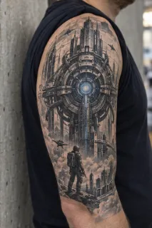 Sci fi futuristic city and astronaut upper arm tattoo