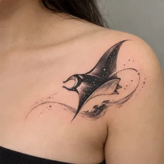 Blackwork manta ray with starry space design collarbone tattoo