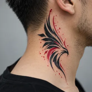 Abstract black and red bird wing neck tattoo