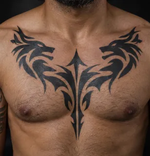 Tribal wolf head chest tattoo with central spear design