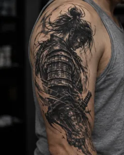 Black and grey samurai warrior upper arm tattoo