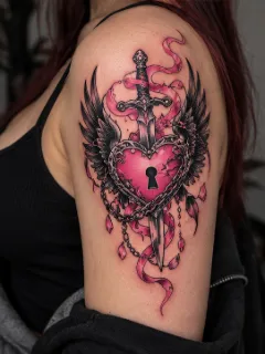 Winged heart locket and dagger upper arm tattoo