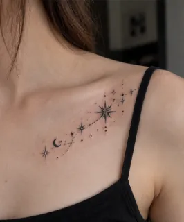 Fine line celestial moon and stars collarbone tattoo