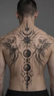 Blackwork angels and celestial planets full back tattoo