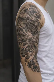 Japanese dragon and waves black and grey upper arm tattoo