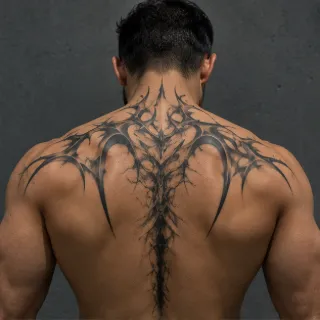 Blackwork abstract tribal spine and upper back tattoo
