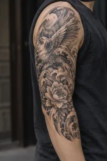 Japanese phoenix and peony flower upper arm sleeve tattoo