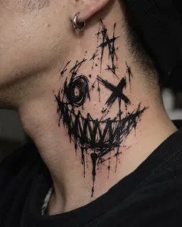 Abstract trash polka style smiling face neck tattoo