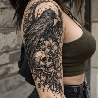 Blackwork raven skull and flower upper arm tattoo