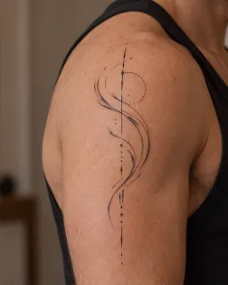 Minimalist fine line abstract geometric upper arm tattoo