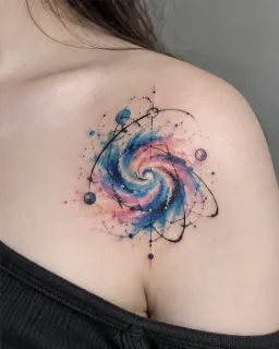 Watercolor galaxy and orbital planet shoulder tattoo