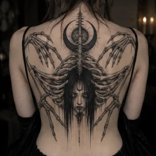 Surreal skeleton hands and face back tattoo