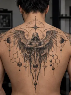 Realism winged warrior with geometric elements back tattoo