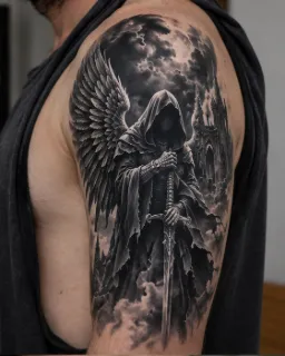 Realism hooded angel with sword and gothic castle upper arm tattoo