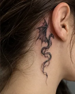 Small blackwork dragon behind the ear neck tattoo