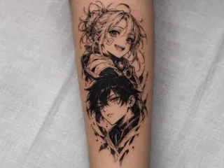 Anime style characters portrait forearm tattoo
