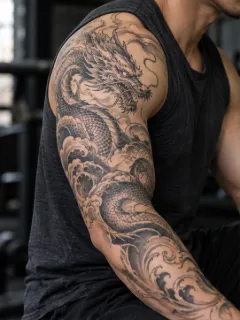 Japanese dragon and waves black and grey arm tattoo