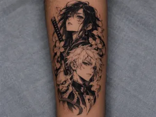 Anime style characters with katana and hannya mask forearm tattoo