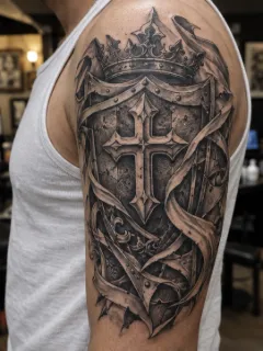 Realism shield cross crown and ribbon upper arm tattoo