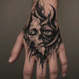 Surreal cracked skull and eye blackwork hand tattoo