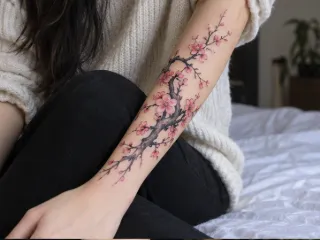 Delicate pink cherry blossom branch forearm tattoo