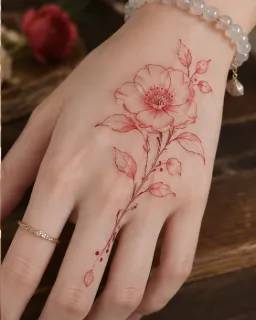Red fine line flower hand tattoo