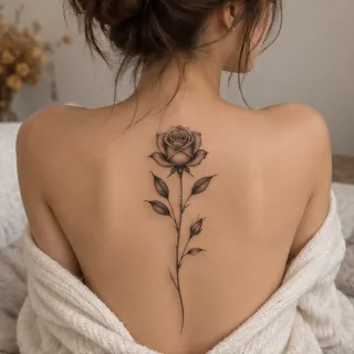Fine line black and grey rose back tattoo