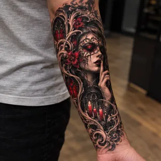 Realism portrait with gothic architecture and candles forearm tattoo