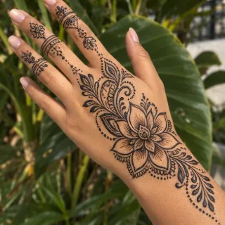 Floral henna style hand and finger tattoo
