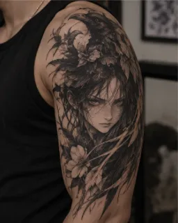 Blackwork raven and portrait with flowers upper arm tattoo