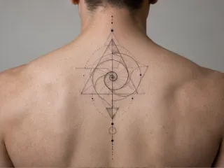 Geometric fine line spiral and triangle upper back tattoo